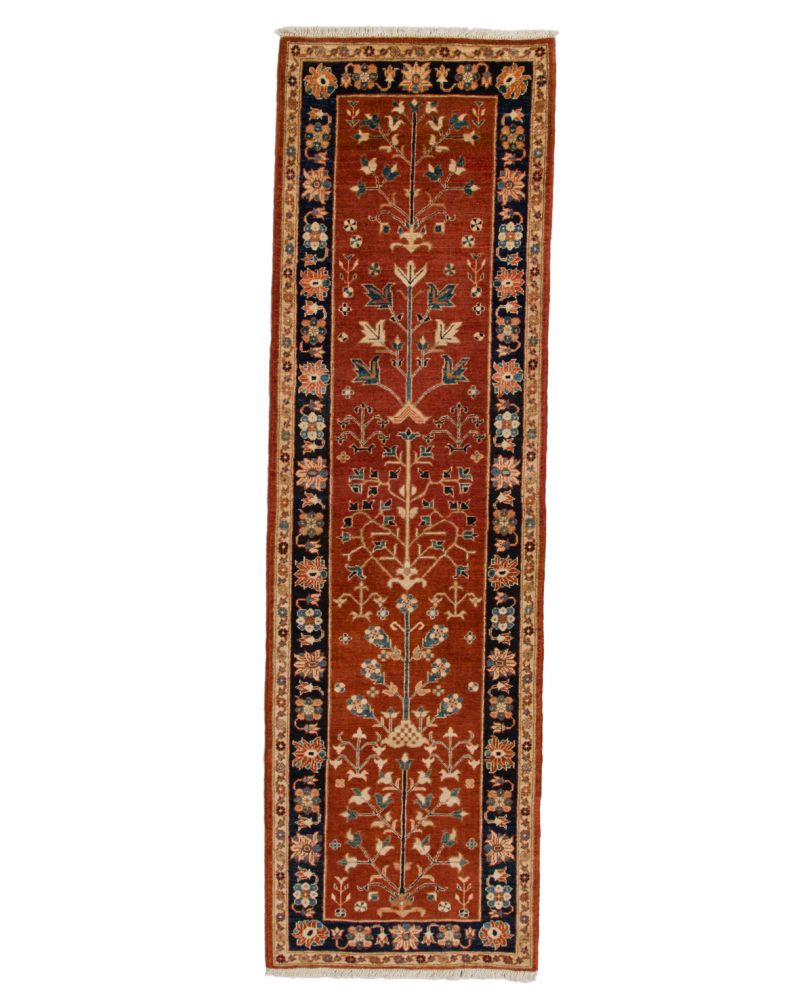 Rostfärgad handknuten Dehbaf galleri matta med blå bård