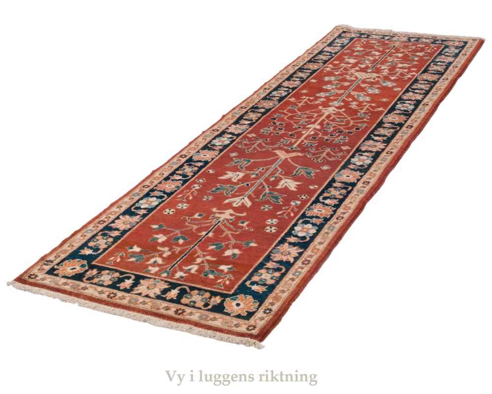 Rostfärgad handknuten Dehbaf galleri matta med blå bård