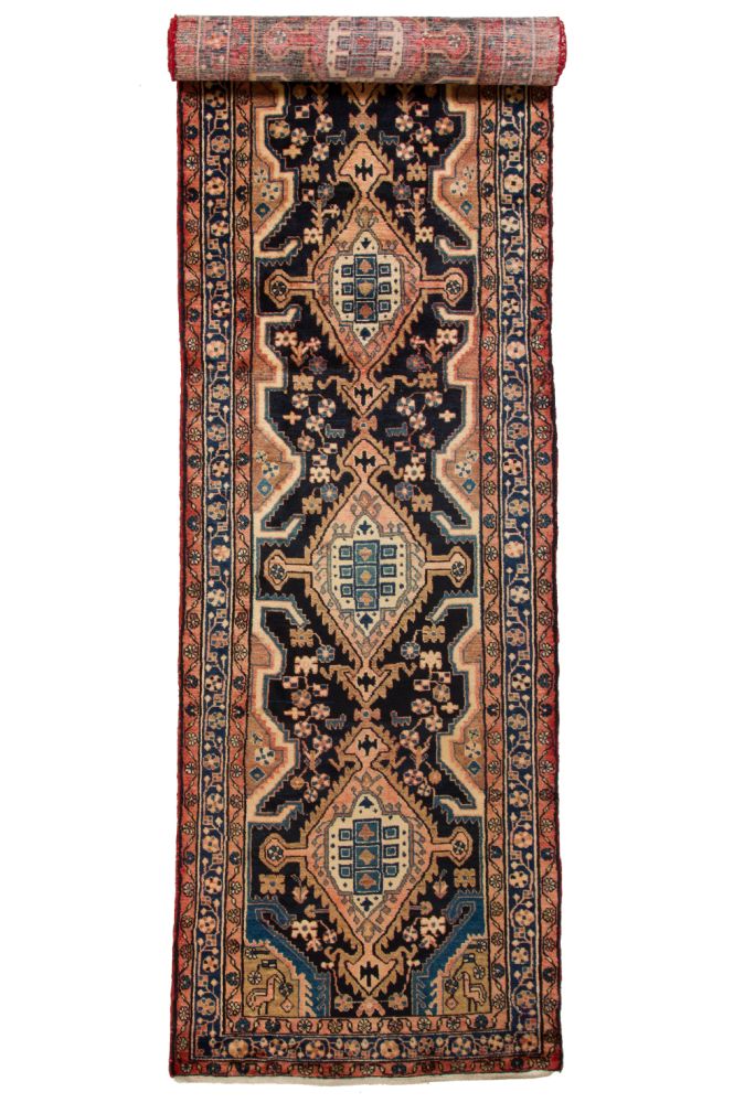 Persisk handknuten Nahavand gallerimatta på mörkblå botten med medaljong mönster