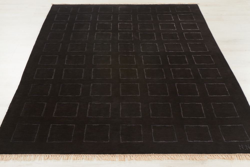 Modern stilren svart rutmönstrad handknuten Annapuna matta av ull och silke