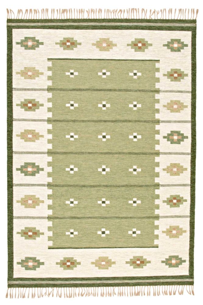Rosendal grön 250x354cm är en klassisk rölakan matta av fin ull och varp av lin som passar utmärkt i kvalitet under antingen matsals- eller soff-bordet.