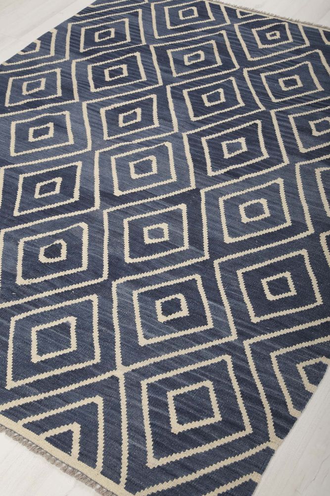 Kelim Moroccan handvävd blå matta med geometriskt modernt mönster