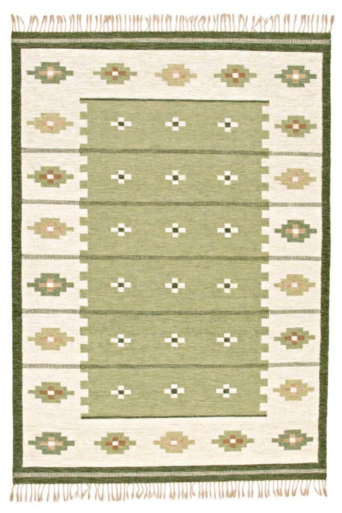 Rosendal 170x230cm är en klassisk svensk designad rölakan matta med grön bottenfärg och ljus bård med varp av linne och ull i inslagen. 